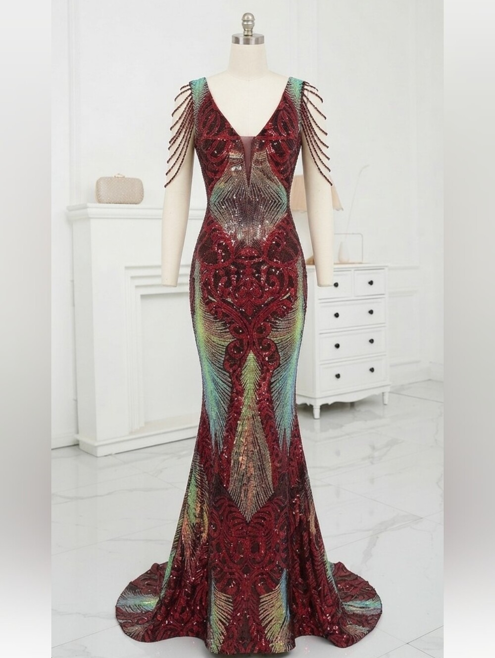 Red/Black  V Neck, Sleeveless,  Round Back,  Beaded,  Floral, Sequined G… - Picture 16 of 16